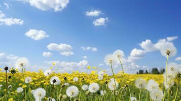 veld- met paardebloemen en blauw lucht, generatief ai foto