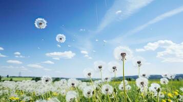 veld- met paardebloemen en blauw lucht, generatief ai foto