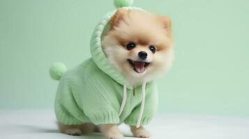 ai gegenereerd schattig puppy in modieus kleren. concept van dier kleding of mode of advertentie. foto