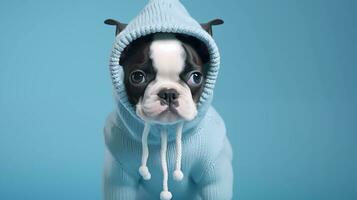 ai gegenereerd schattig puppy in modieus kleren. concept van dier kleding of mode of advertentie. foto