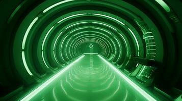 ai gegenereerd leeg groen futuristische tunnel. technologie ontwerp. foto