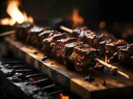 rokerig barbecue spiesjes met een kleverig glazuur. generatief ai foto