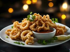 een bord van krokant en gouden gebakken calamares met een pittig dompelen saus. generatief ai foto