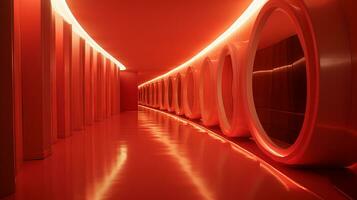 ai gegenereerd leeg rood futuristische tunnel. technologie ontwerp. foto