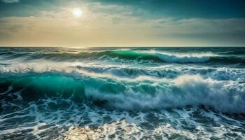 majestueus, rustig zeegezicht, golven sprankelend onder de zon. foto