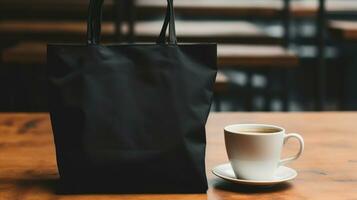 ai gegenereerd generatief ai, realistisch zwart tote canvas kleding stof zak opstelling in Bij cafe, koffie winkel interieur, bespotten omhoog blanco. foto