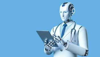 een futuristische robot dokter in een dokter jas met een stethoscoop Aan een blauw achtergrond, concept van Geavanceerd medisch technologie. ai generatief foto