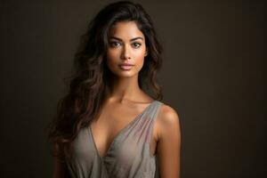 mooi Indisch nationaliteit vrouw model- portretten op zoek Bij camera foto