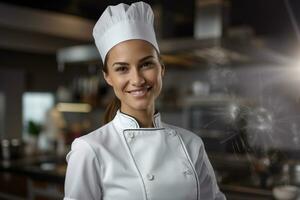 vrouw chef glimlachen in voorkant van keuken foto