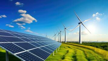 zonne- panelen en wind turbines in een veld. alternatief energie bronnen. foto