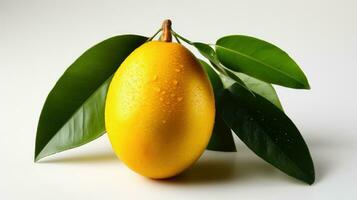 mango fruit met groen bladeren Aan een wit achtergrond, dichtbij omhoog foto