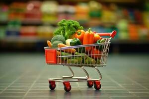 boodschappen doen kar vol van vers groenten in supermarkt foto