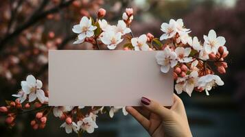 vrouw handen Holding een blanco kaart met een boeket van bloemen. foto