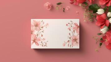 top visie van blanco Wieden kaart mockup met bloemen, Wieden kaart mockup foto