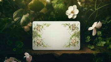 top visie van blanco Wieden kaart mockup met bloemen, Wieden kaart mockup foto