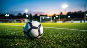 voetbal bal Aan groen gras van Amerikaans voetbal stadion Bij nacht met lichten foto
