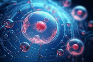 menselijk cel of embryonaal stam cel microscoop achtergrond, medisch wetenschap achtergrond foto