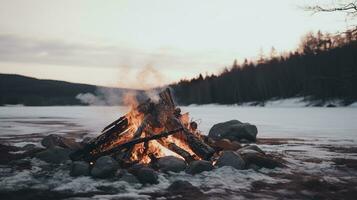 ai gegenereerd generatief ai, brandend vreugdevuur, mooi winter landschap, camping buitenshuis concept in neutrale gedempt kleuren, toerist kamp foto