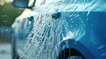 ai gegenereerd generatief ai, auto wassen met schuim zeep, hoog druk voertuig wasmachine machine sprays schuim, zelf onderhoud foto