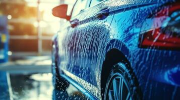 ai gegenereerd generatief ai, auto wassen met schuim zeep, hoog druk voertuig wasmachine machine sprays schuim, zelf onderhoud foto