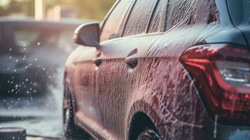 ai gegenereerd generatief ai, auto wassen met schuim zeep, hoog druk voertuig wasmachine machine sprays schuim, zelf onderhoud foto