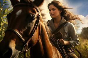 een vrouw boer is rijden een paard in de Woud in de dag met generatief ai foto