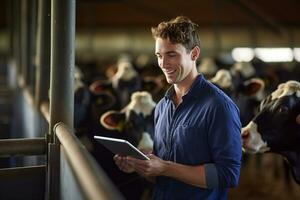 een Mens Holding een tablet naar controleren productie in een vee boerderij met generatief ai foto