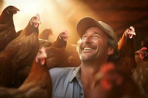 mannetje boer Aan kip boerderij in de dag met generatief ai foto