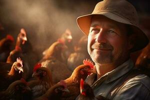 mannetje boer Aan kip boerderij in de dag met generatief ai foto