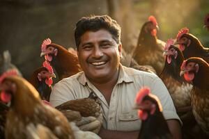 mannetje boer Aan kip boerderij in de dag met generatief ai foto