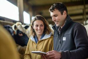 paar Holding een tablet naar controleren productie in een vee boerderij met generatief ai foto