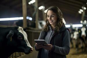 vrouw Holding een tablet naar controleren productie in een vee boerderij met generatief ai foto