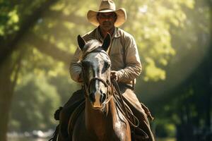 een mannetje boer is rijden een paard in de Woud in de dag met generatief ai foto