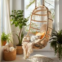 ontwerper hangende stoel in de buurt tropisch kamerplanten interieur ontwerp, ai generatief foto