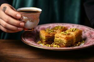 Turks woestijn baklava met thee, ai generatief foto