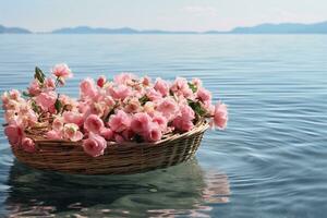 een rieten mand gevulde met roze bloemen drijvend Aan water, ai generatief foto