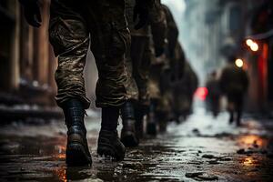 silhouet van soldaten met Amerikaans vlag, ai generatief foto