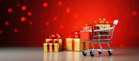 ai gegenereerd generatief ai, boodschappen doen kar met veel geschenk dozen Aan rood en groen achtergrond met glinsterde bokeh, Kerstmis concept, korting en uitverkoop. foto