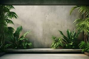 blanco beton muur in modern leeg kamer met tropisch fabriek tuin. luxe huis interieur met groen palm bomen. minimaal architectuur ontwerp. generatief ai. foto