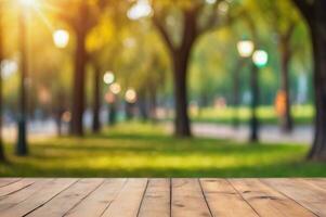 ai gegenereerd leeg houten tafel met bokeh lichten en wazig park achtergrond ai gegenereerd foto