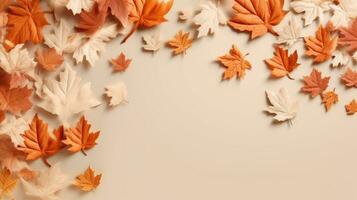 ai generatief herfst bladeren Aan beige achtergrond, top visie. ruimte voor tekst foto