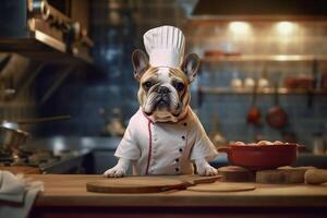 ai generatief Frans bulldog in een chef kostuum, presentatie van culinaire humor in de keuken instelling. kopiëren ruimte perfect voor voedselgerelateerd projecten en entertainment-thema ontwerpen, ai generatief foto