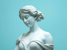 oude Grieks beeldhouwwerk van een vrouw met blauw pastel achtergrond. ai gegenereerd. antiek vrouw godin standbeeld in profiel. minimalistisch modern modieus y2k stijl. foto