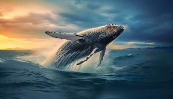 gebochelde walvis jumping uit van de water Bij zonsondergang, de walvis is sproeien water en klaar naar vallen Aan haar terug foto