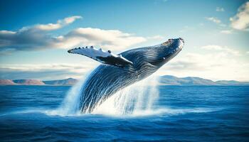 gebochelde walvis jumping uit van de water Bij zonsondergang, de walvis is sproeien water en klaar naar vallen Aan haar terug foto