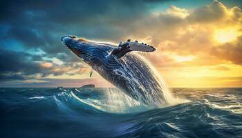 gebochelde walvis jumping uit van de water Bij zonsondergang, de walvis is sproeien water en klaar naar vallen Aan haar terug foto