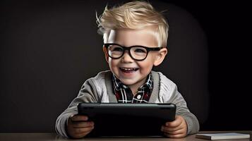 ai gegenereerd weinig kind spelen of aan het kijken iets Aan digitaal tablet apparaatje en lachend. foto