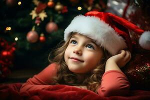 ai generatief. gelukkig Kaukasisch kind meisje leugens Aan de achtergrond van een Kerstmis boom en dromen. de meisje looks omhoog bedachtzaam en glimlacht foto