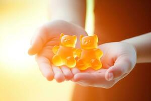 ai generatief. immuno-gomachtig bears met oranje smaak voor kinderen in kinderen handen. dieet supplement foto