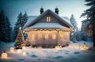 ai gegenereerd een sneeuw huis dat gloeit hartelijk Aan Kerstmis dag foto